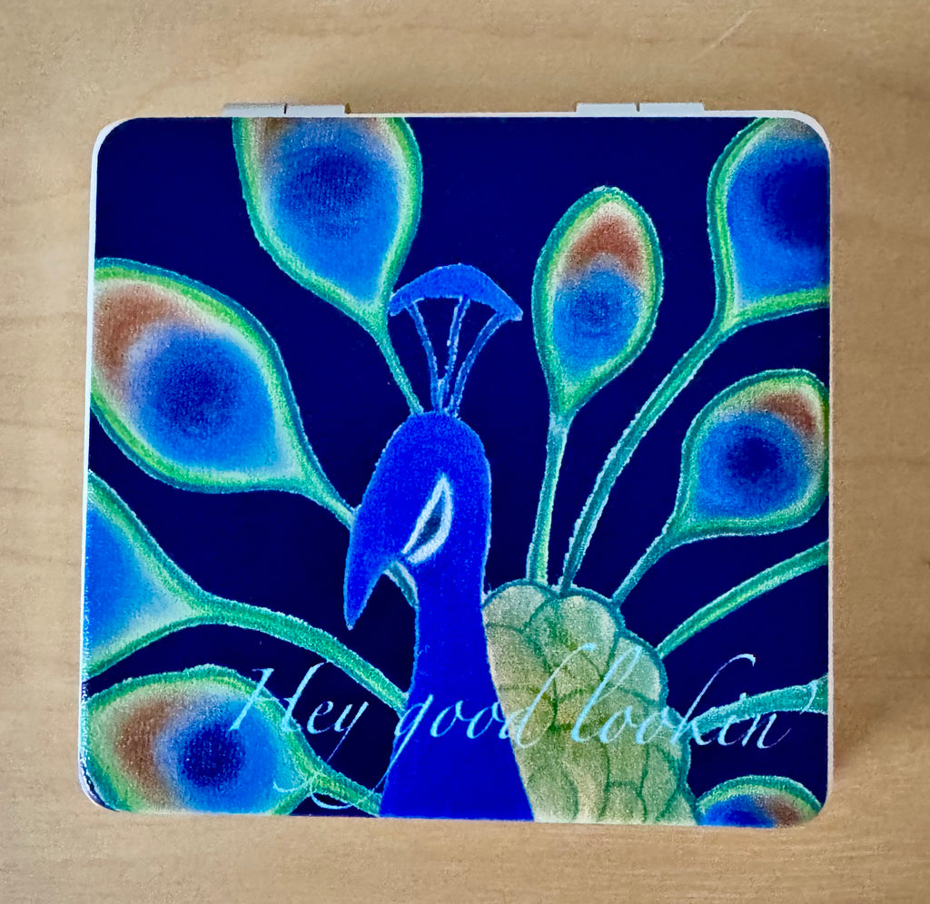 Magnifying compact mirror - peacock - based on original artwork