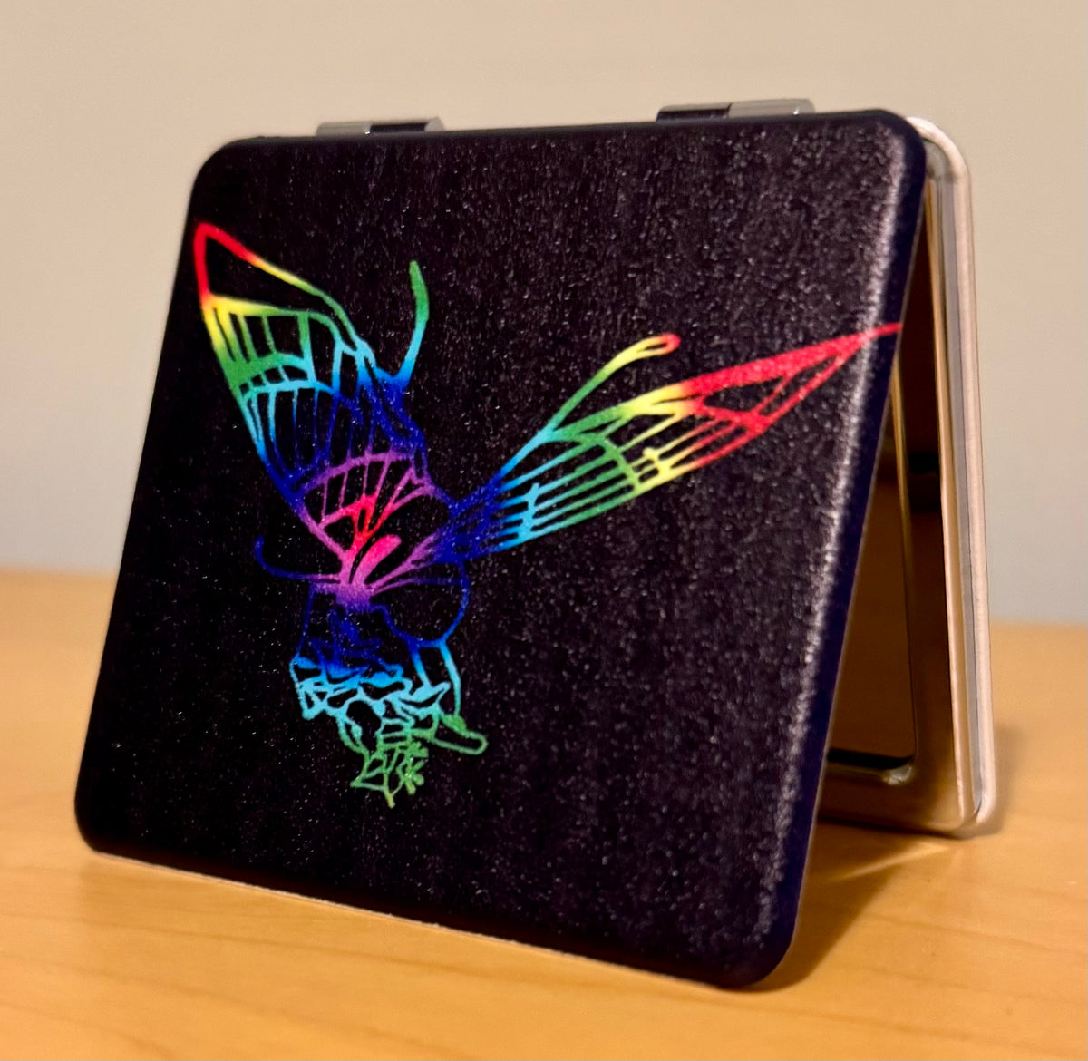 Magnifying compact mirror - rainbow butterfly - based on original artwork