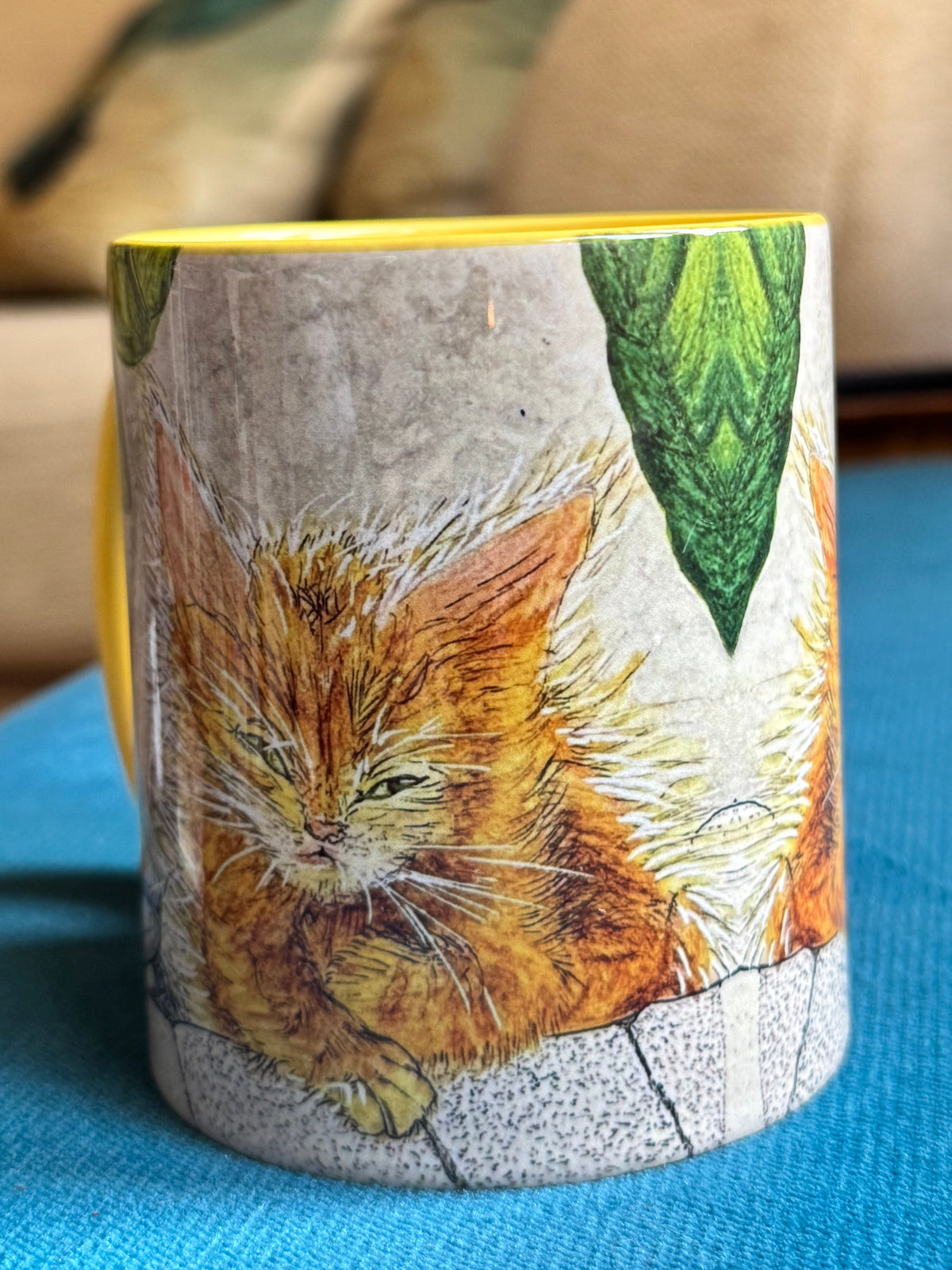 Ginger kitten coffee mug with yellow handle and interior